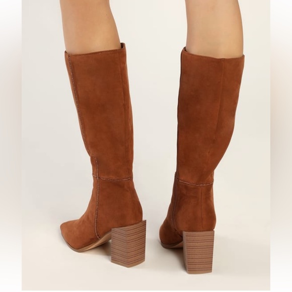 Lulus Delaynie Tan Suede Pointed-Toe Knee High Boots - Picture 3 of 5